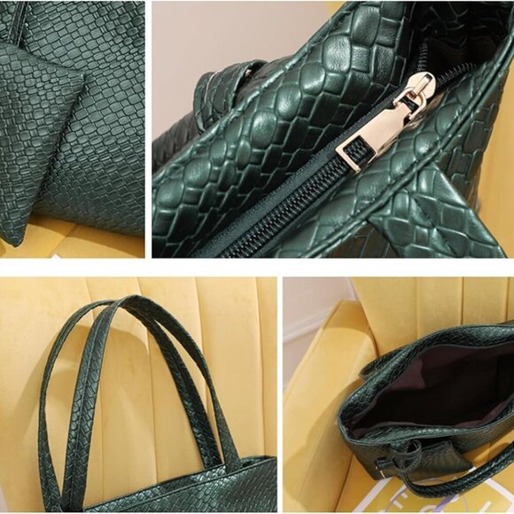 Elegant Vegan Leather Woven Tote Bag Set - Versatile & Stylish 2pc for Women - Picture 4 of 6